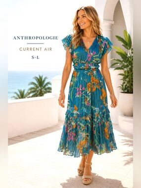 Anthropologie Current Air Sereia Botanical Pleated Midi Dress Sz Small -Med Boho